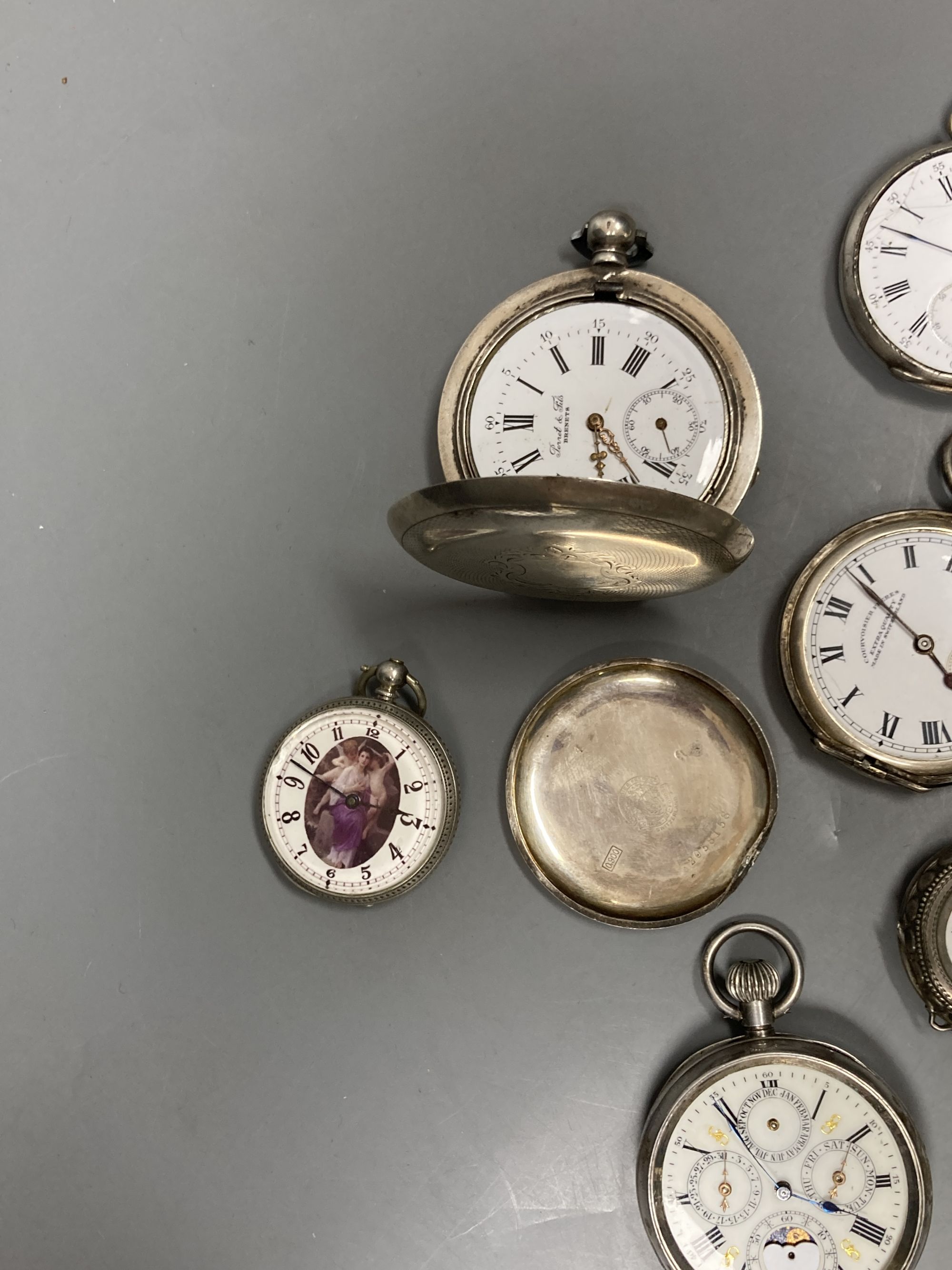 Ten assorted silver or white metal pocket and fob watches, including Russian, silver calendar moonphase and enamelled fob watch (all mainly a.f.).